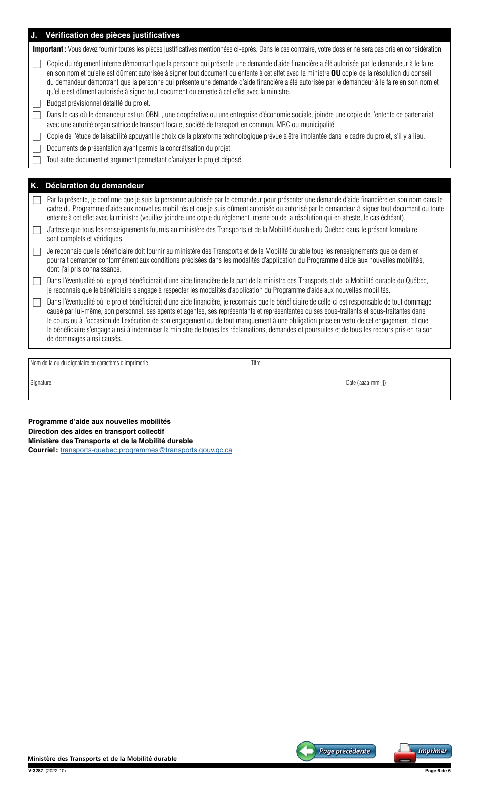 Forme V-3287 Demande Daide Financiere - Mobilite Integree Et Connectee - Projet Pilote Dimplantation Dune Plateforme Technologique - Programme Daide Aux Nouvelles Mobilites (Nomo) - Quebec, Canada (French), Page 6
