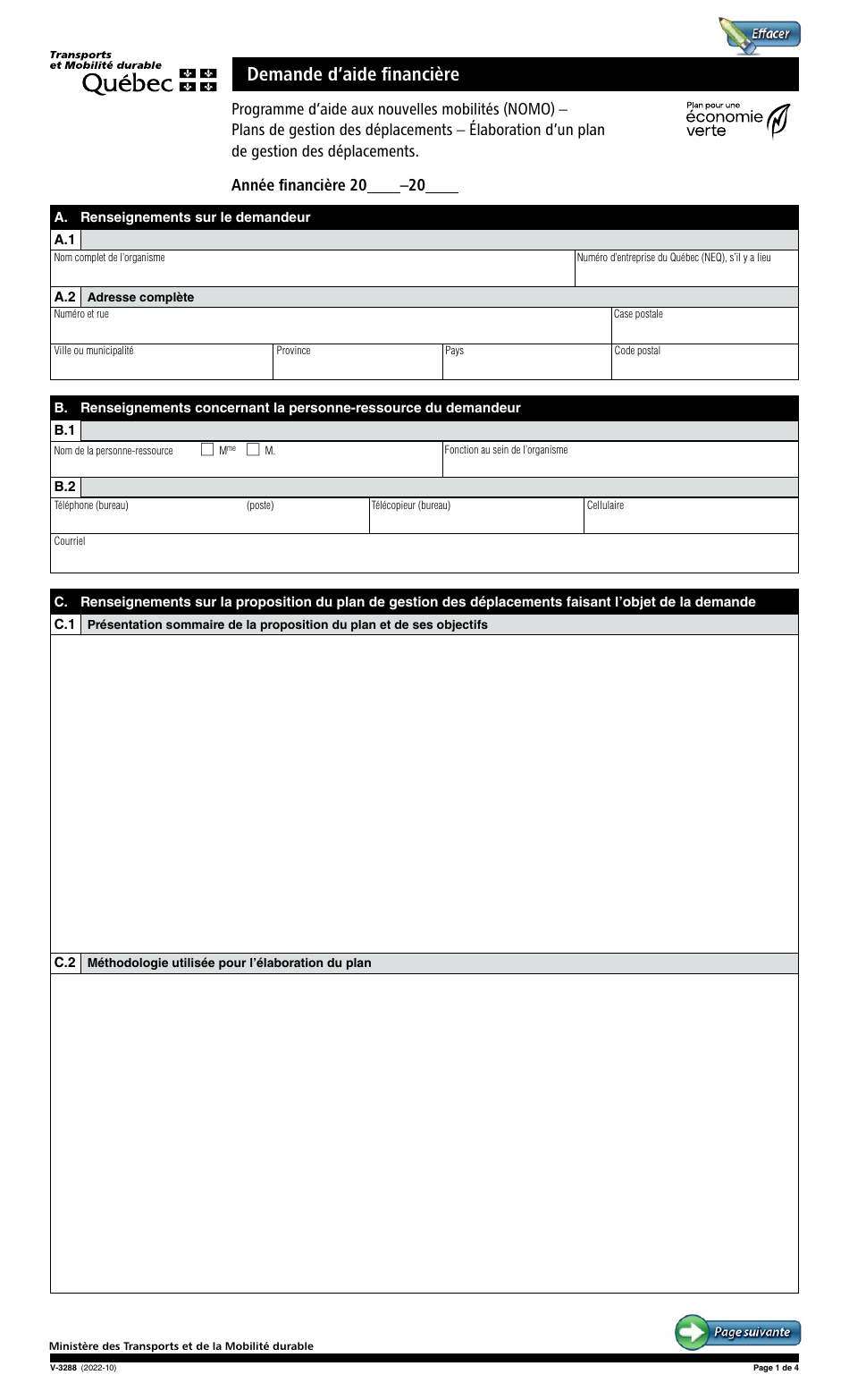 Forme V-3288 Demande Daide Financiere - Plans De Gestion DES Deplacements - Elaboration Dun Plan De Gestion DES Deplacements - Programme Daide Aux Nouvelles Mobilites (Nomo) - Quebec, Canada (French), Page 1