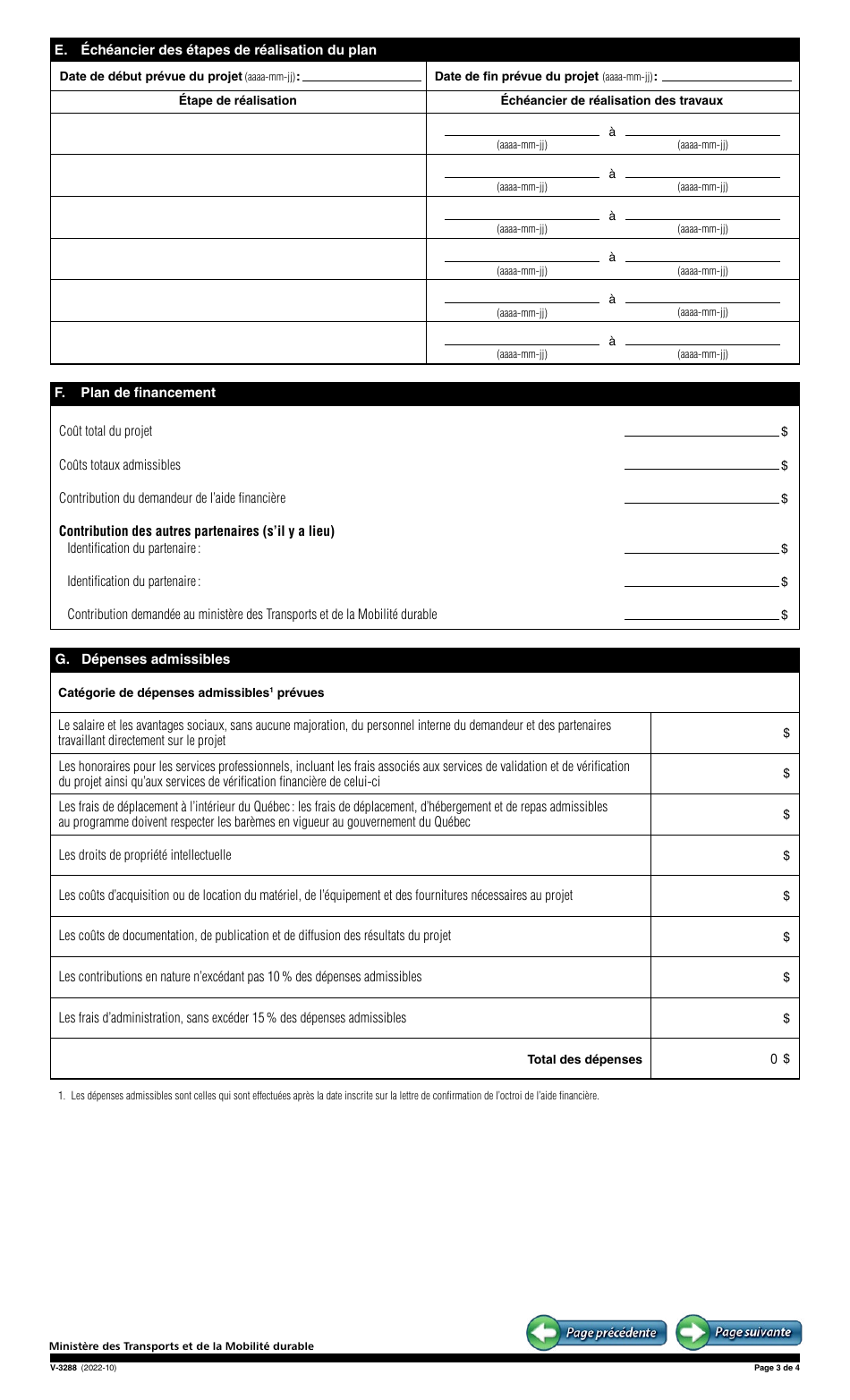 Forme V-3288 Demande Daide Financiere - Plans De Gestion DES Deplacements - Elaboration Dun Plan De Gestion DES Deplacements - Programme Daide Aux Nouvelles Mobilites (Nomo) - Quebec, Canada (French), Page 3