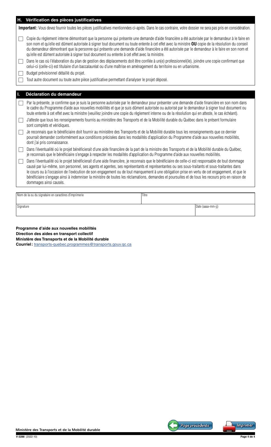 Forme V-3288 Demande Daide Financiere - Plans De Gestion DES Deplacements - Elaboration Dun Plan De Gestion DES Deplacements - Programme Daide Aux Nouvelles Mobilites (Nomo) - Quebec, Canada (French), Page 4