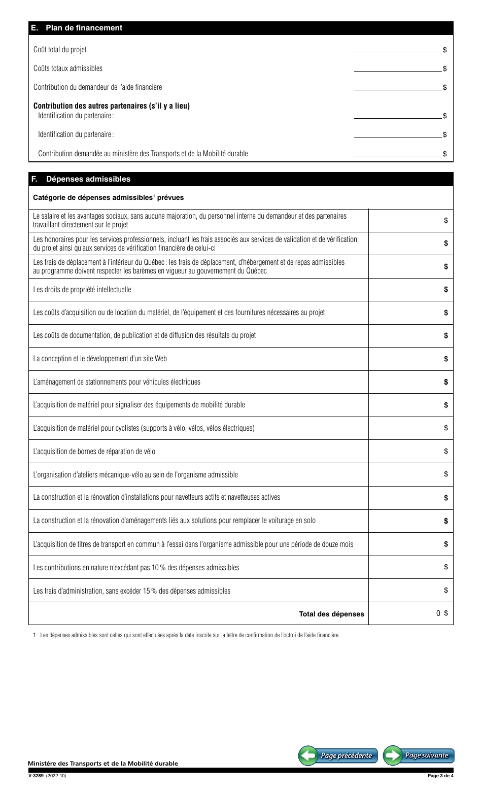 Forme V-3289 Demande Daide Financiere - Plan De Gestion DES Deplacements - Implantation De Mesures Prevues Dans Un Plan De Gestion De Deplacements - Programme Daide Aux Nouvelles Mobilites (Nomo) - Quebec, Canada (French), Page 3