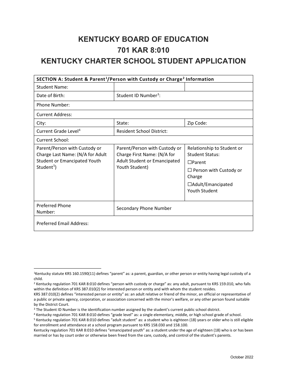 Kentucky Charter School Student Application - Kentucky, Page 1