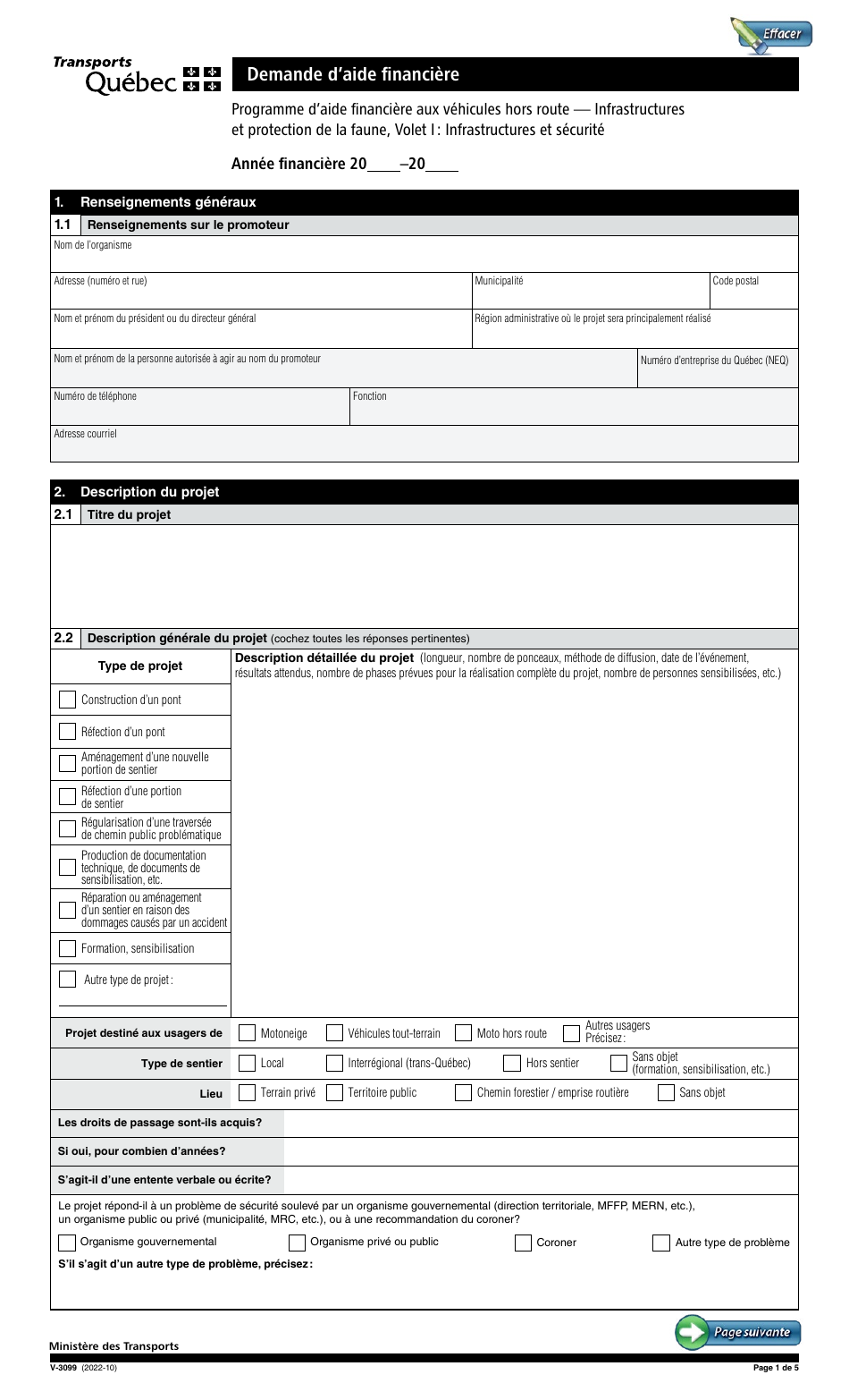 Forme V-3099 Demande Daide Financiere - Infrastructures Et Protection De La Faune - Infrastructures Et Securite - Programme Daide Financiere Aux Vehicules Hors Route - Quebec, Canada (French), Page 1