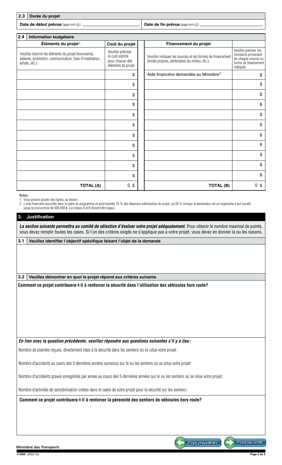 Forme V-3099 Demande Daide Financiere - Infrastructures Et Protection De La Faune - Infrastructures Et Securite - Programme Daide Financiere Aux Vehicules Hors Route - Quebec, Canada (French), Page 2
