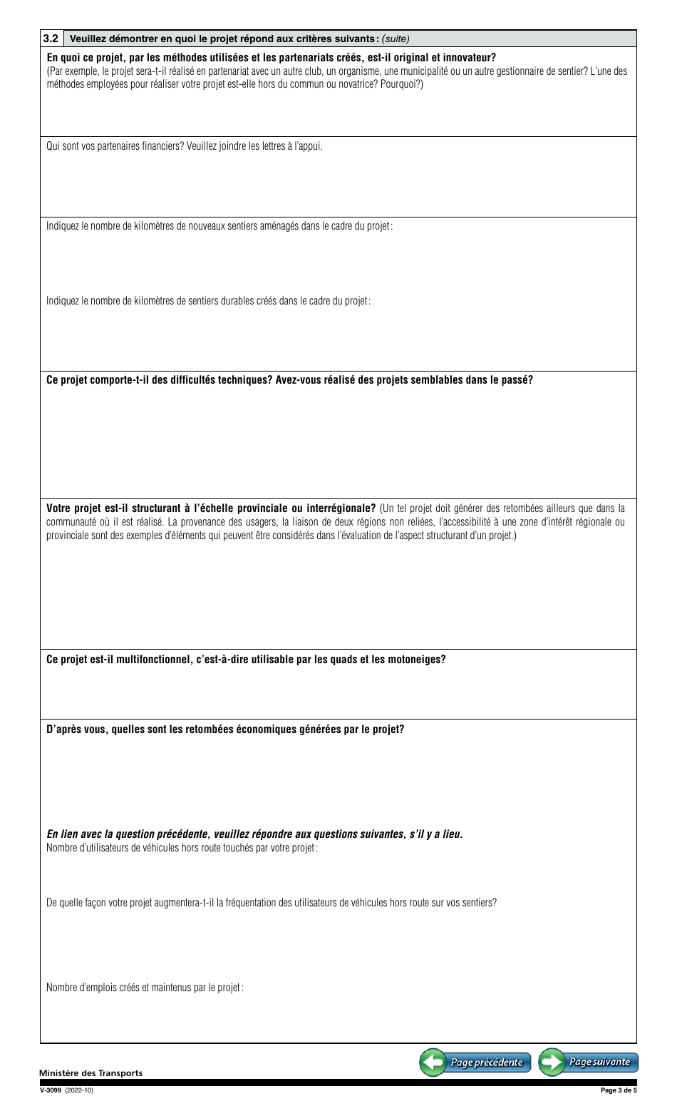 Forme V-3099 Demande Daide Financiere - Infrastructures Et Protection De La Faune - Infrastructures Et Securite - Programme Daide Financiere Aux Vehicules Hors Route - Quebec, Canada (French), Page 3