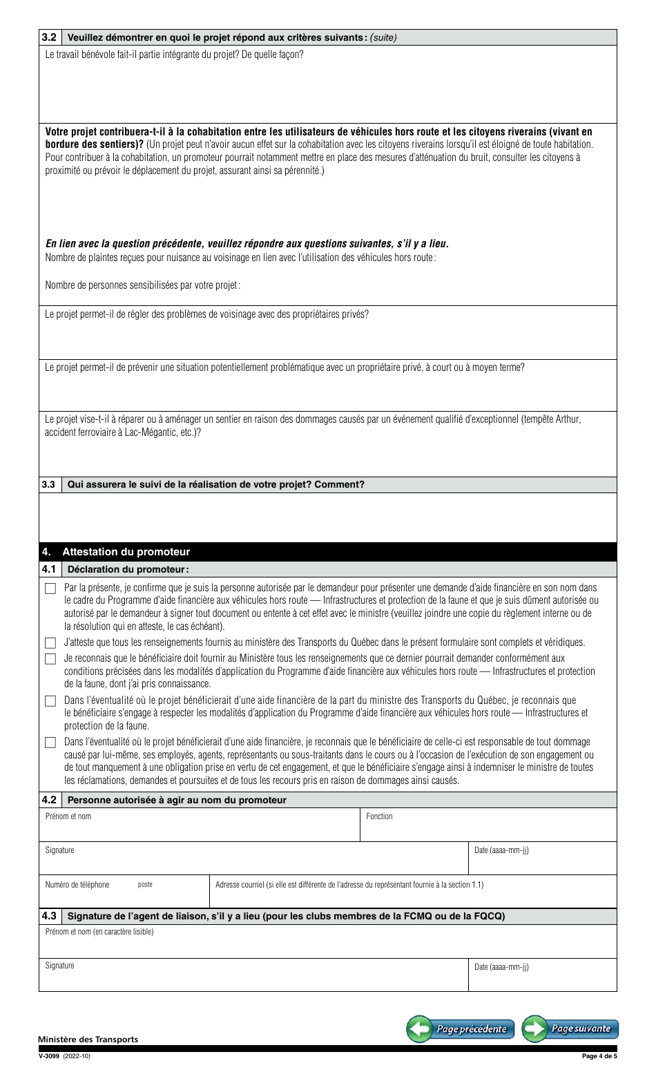 Forme V-3099 Demande Daide Financiere - Infrastructures Et Protection De La Faune - Infrastructures Et Securite - Programme Daide Financiere Aux Vehicules Hors Route - Quebec, Canada (French), Page 4