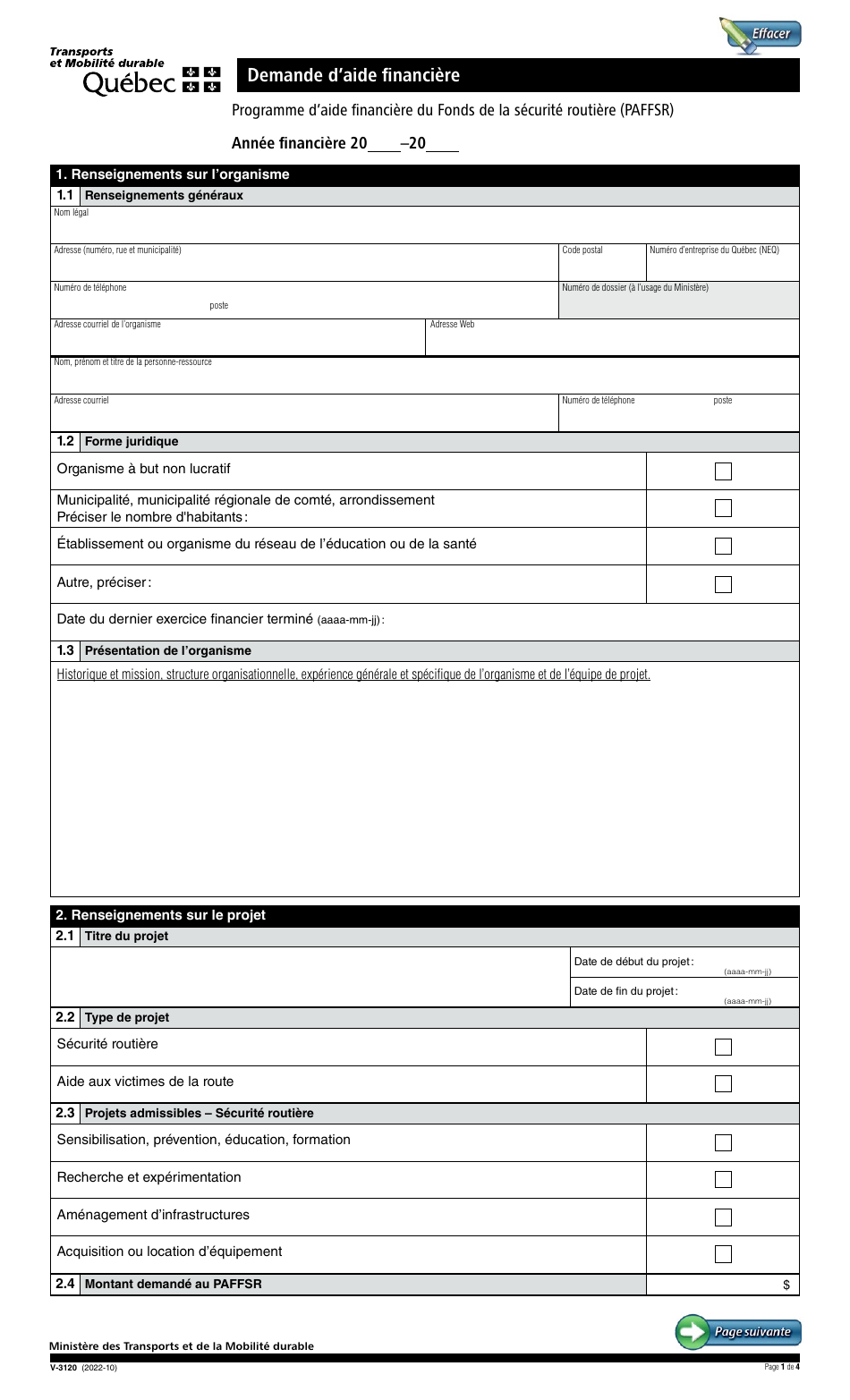 Forme V-3120 Demande Daide Financiere - Programme Daide Financiere Du Fonds De La Securite Routiere (Paffsr) - Quebec, Canada (French), Page 1