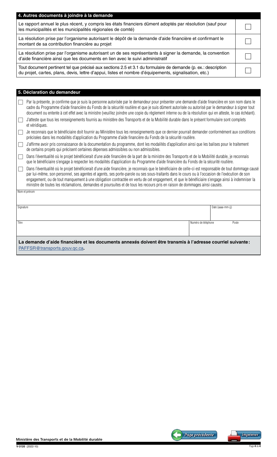 Forme V-3120 Demande Daide Financiere - Programme Daide Financiere Du Fonds De La Securite Routiere (Paffsr) - Quebec, Canada (French), Page 4