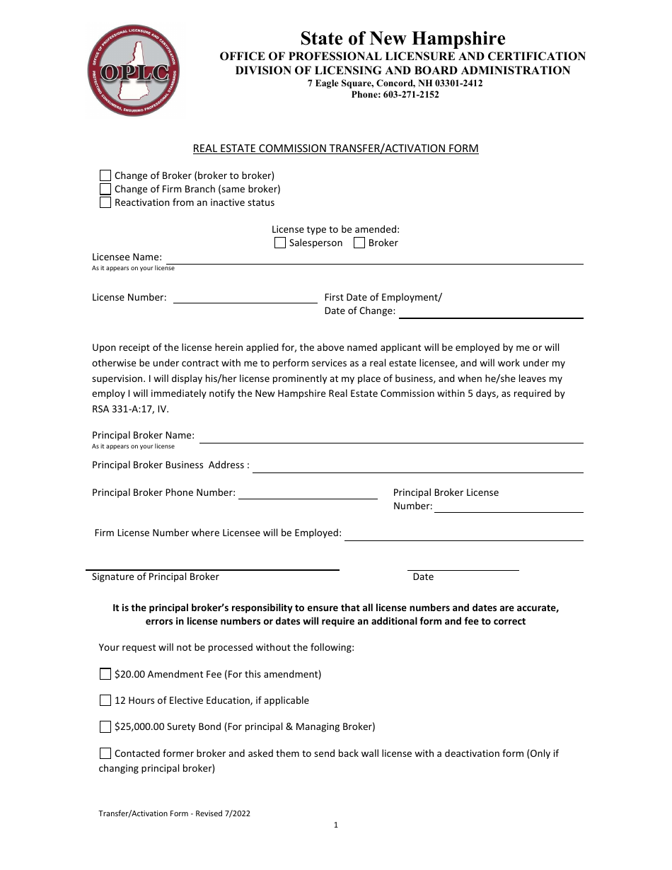 Real Estate Commission Transfer / Activation Form - New Hampshire, Page 1