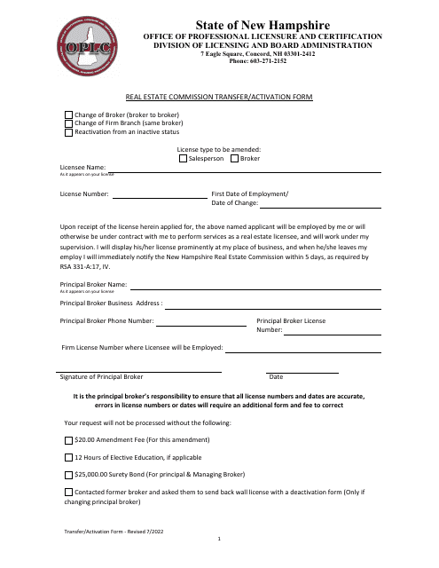 Real Estate Commission Transfer / Activation Form - New Hampshire Download Pdf