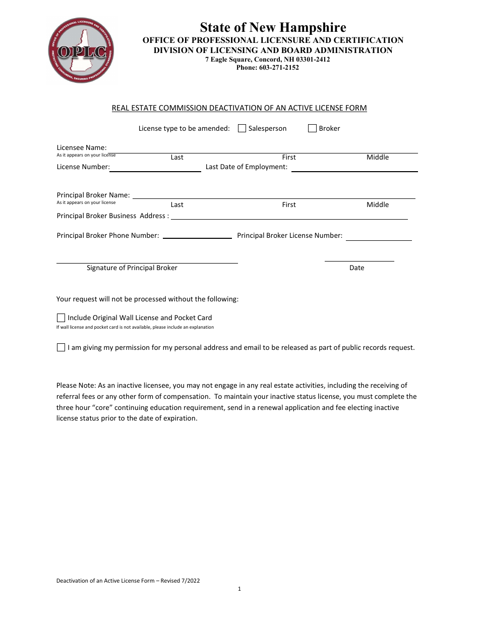 Real Estate Commission Deactivation of an Active License Form - New Hampshire, Page 1