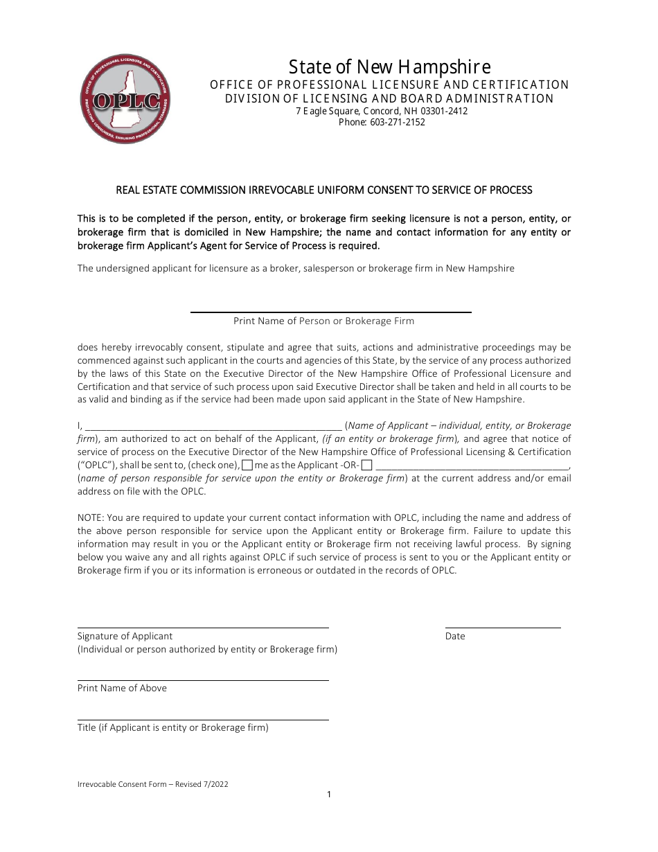 New Hampshire Real Estate Commission Irrevocable Uniform Consent to