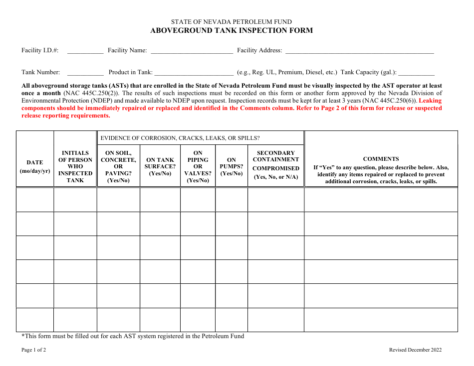 Nevada Aboveground Tank Inspection Form - Fill Out, Sign Online and ...