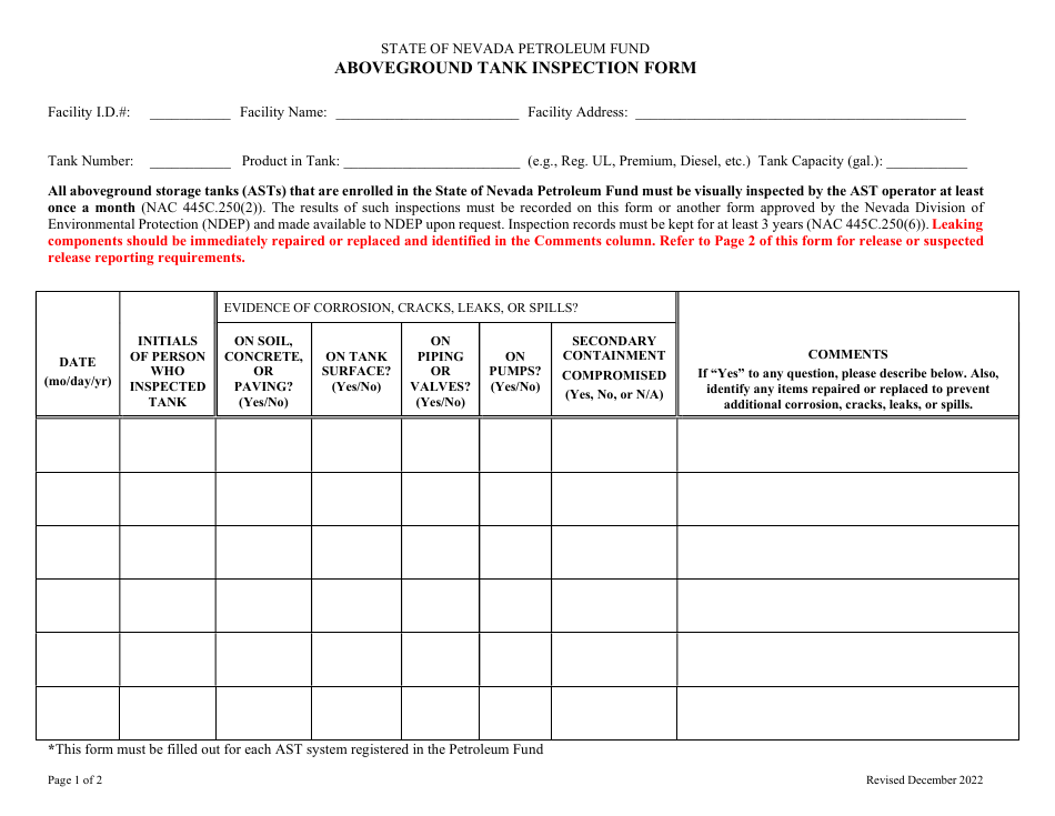 Aboveground Tank Inspection Form - Nevada, Page 1