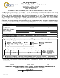 Document preview: Confidential Fee Waiver Request for Assessment Appeals Application - County of San Bernardino, California