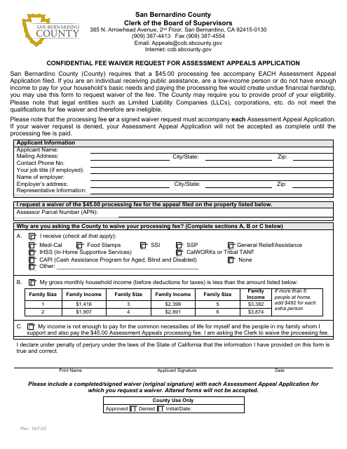 Confidential Fee Waiver Request for Assessment Appeals Application - County of San Bernardino, California Download Pdf