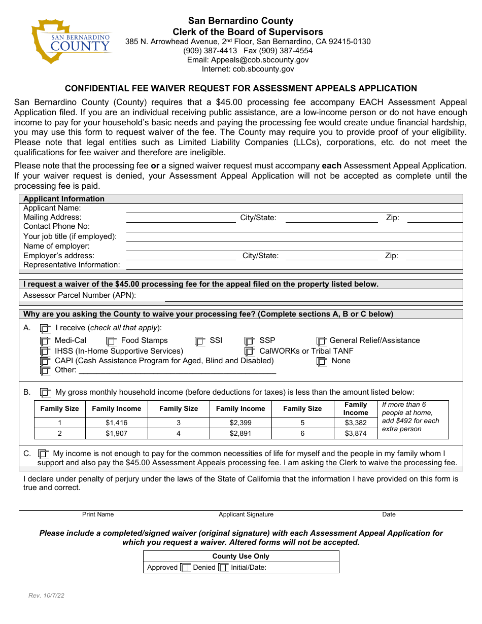Confidential Fee Waiver Request for Assessment Appeals Application - County of San Bernardino, California, Page 1