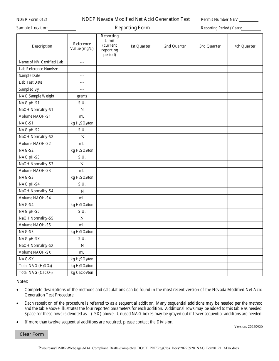 NDEP Form 0121 Ndep Nevada Modified Net Acid Generation Test Reporting Form - Nevada, Page 1