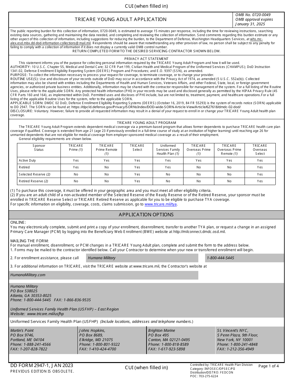 DD Form 2947-1 TRICARE Young Adult Application (East), Page 1