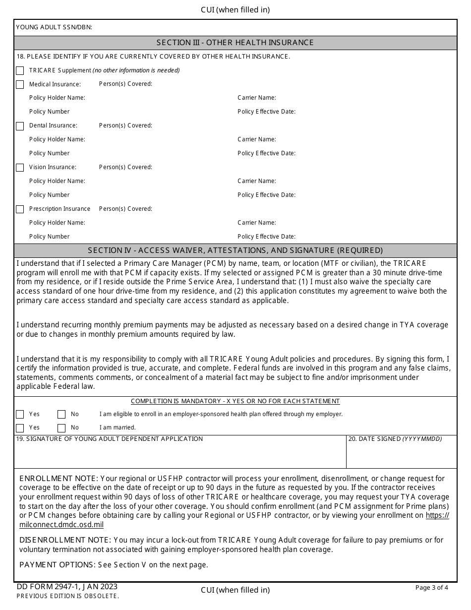 DD Form 2947-1 TRICARE Young Adult Application (East), Page 3
