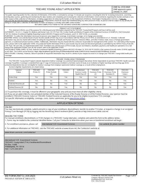 DD Form 2947-3 TRICARE Young Adult Application (Overseas)