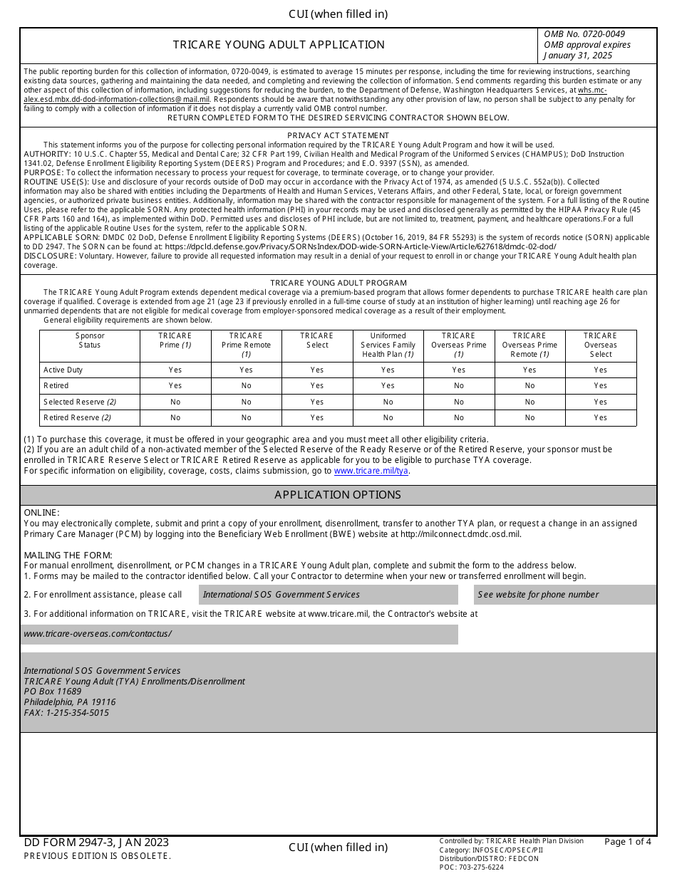 DD Form 2947-3 TRICARE Young Adult Application (Overseas), Page 1