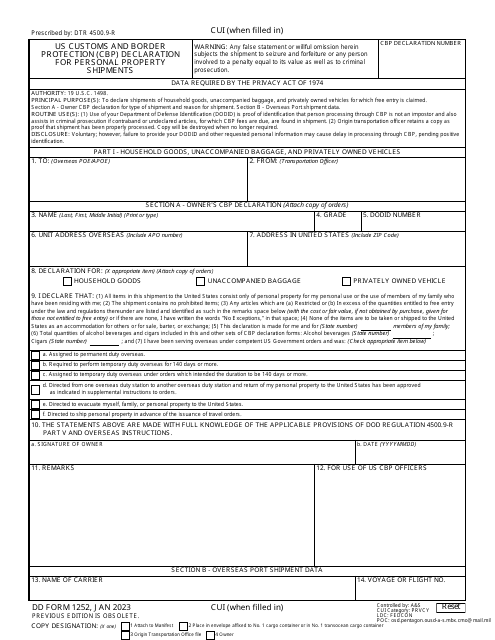 DD Form 1252 Part I US Customs and Border Protection (CBP) Declaration for Personal Property Shipments