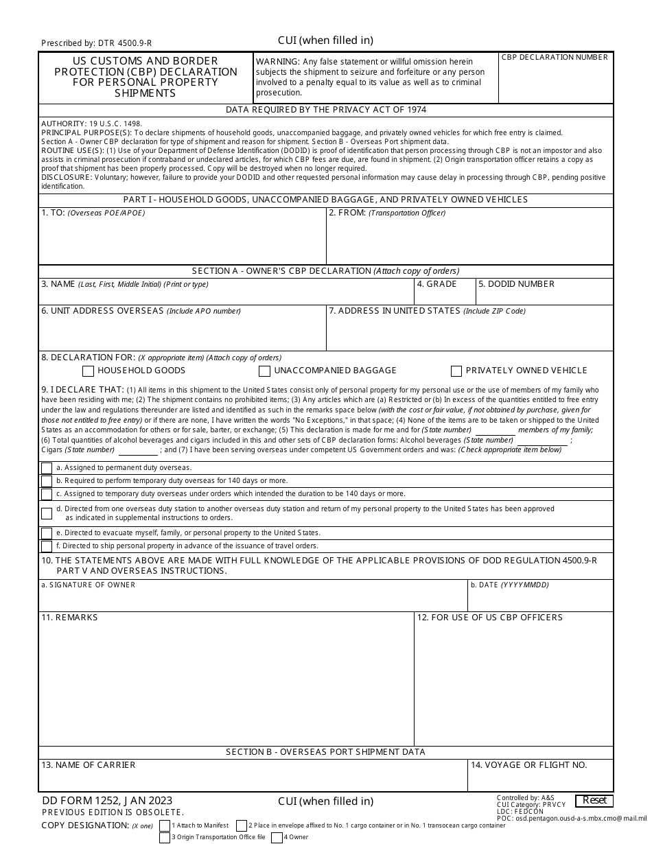DD Form 1252 Part I US Customs and Border Protection (CBP) Declaration for Personal Property Shipments, Page 1