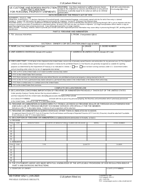 DD Form 1252-1 Part II US Customs and Border Protection (CBP) Declaration for Personal Property Shipments