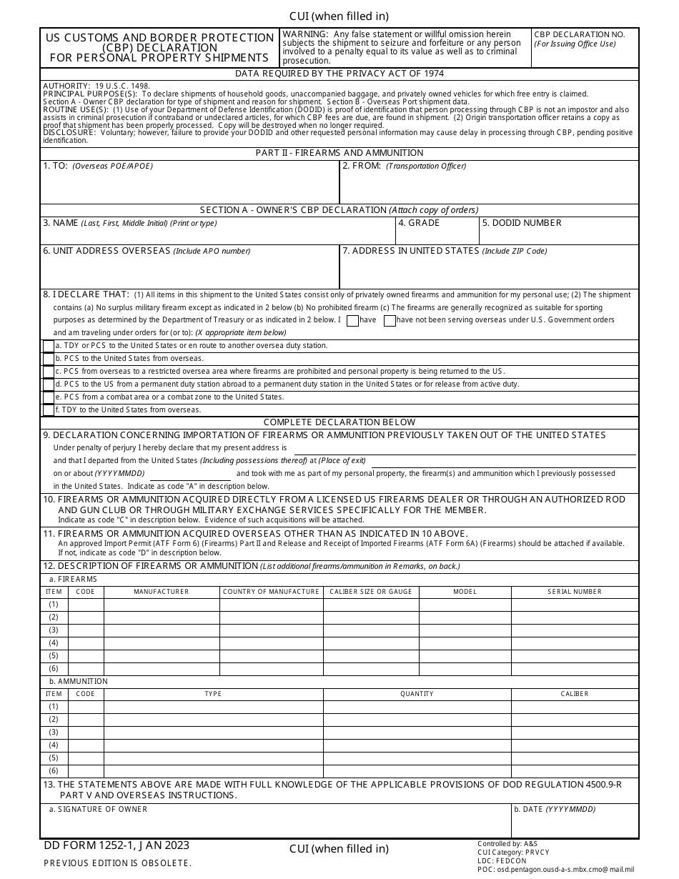 DD Form 1252-1 Part II US Customs and Border Protection (CBP) Declaration for Personal Property Shipments, Page 1