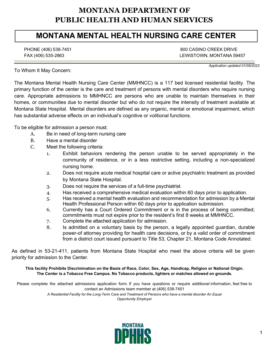 Application for Involuntary Admission - Montana, Page 1