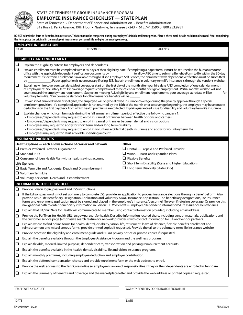 Form FA-0980 Employee Insurance Checklist - State Plan - Tennessee, Page 1