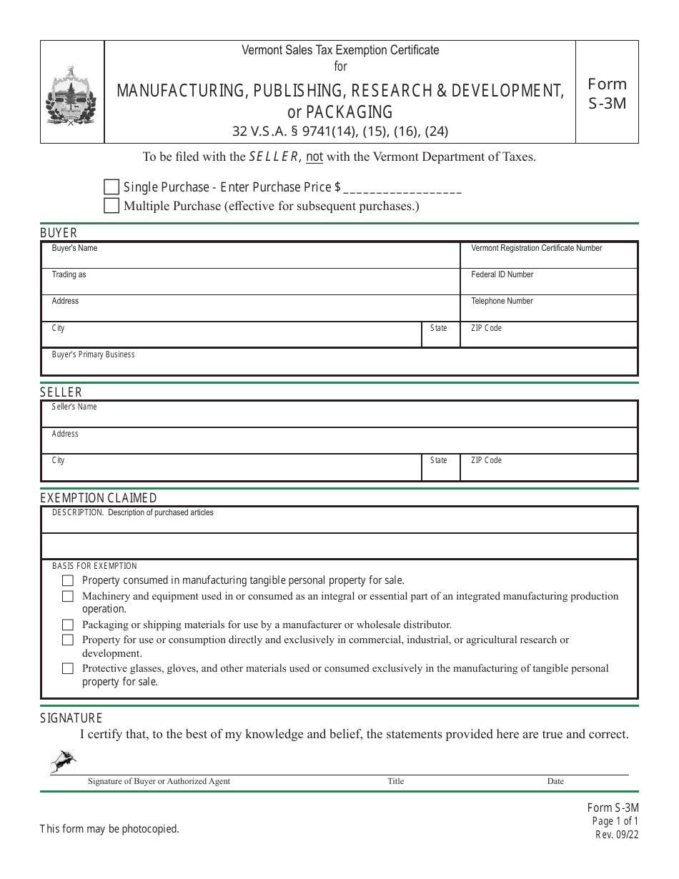 VT Form S-3M Vermont Sales Tax Exemption Certificate for Manufacturing, Publishing, Research  Development, or Packaging - Vermont, Page 1