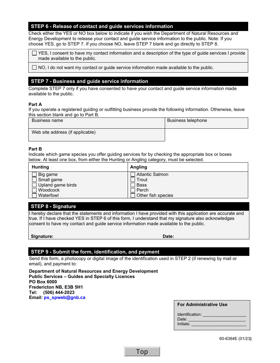 Form 60-6364E Guide I - Professional Guide Licence Renewal Form - New Brunswick, Canada, Page 2