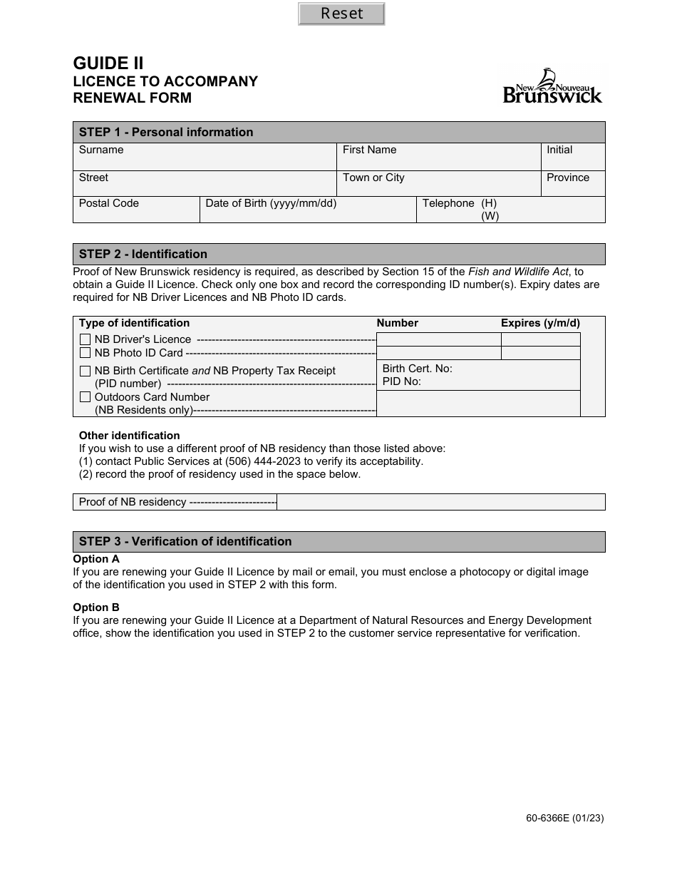 Form 60-6366E Licence to Accompany Renewal Form - New Brunswick, Canada, Page 1