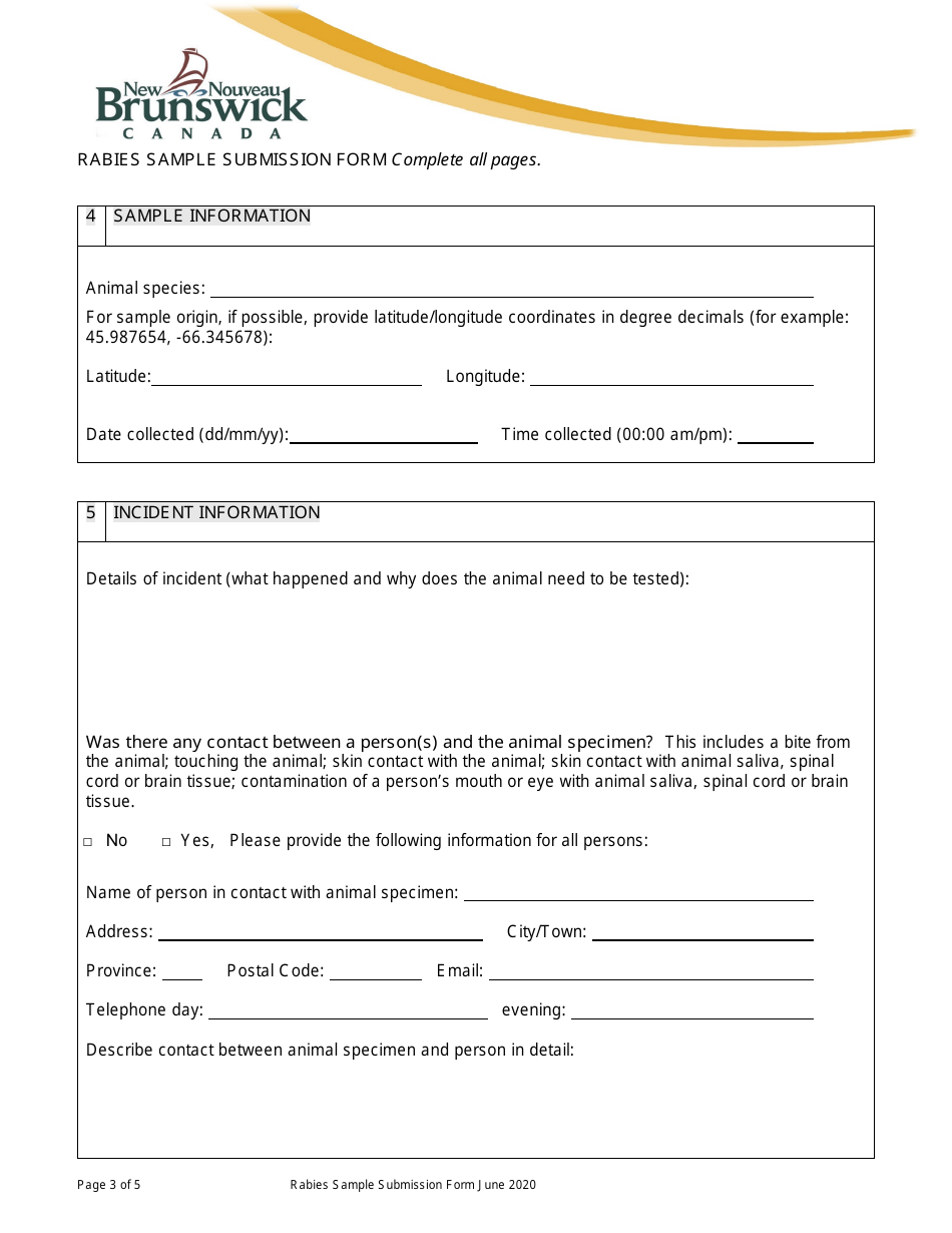 Rabies Sample Submission Form - New Brunswick, Canada, Page 3
