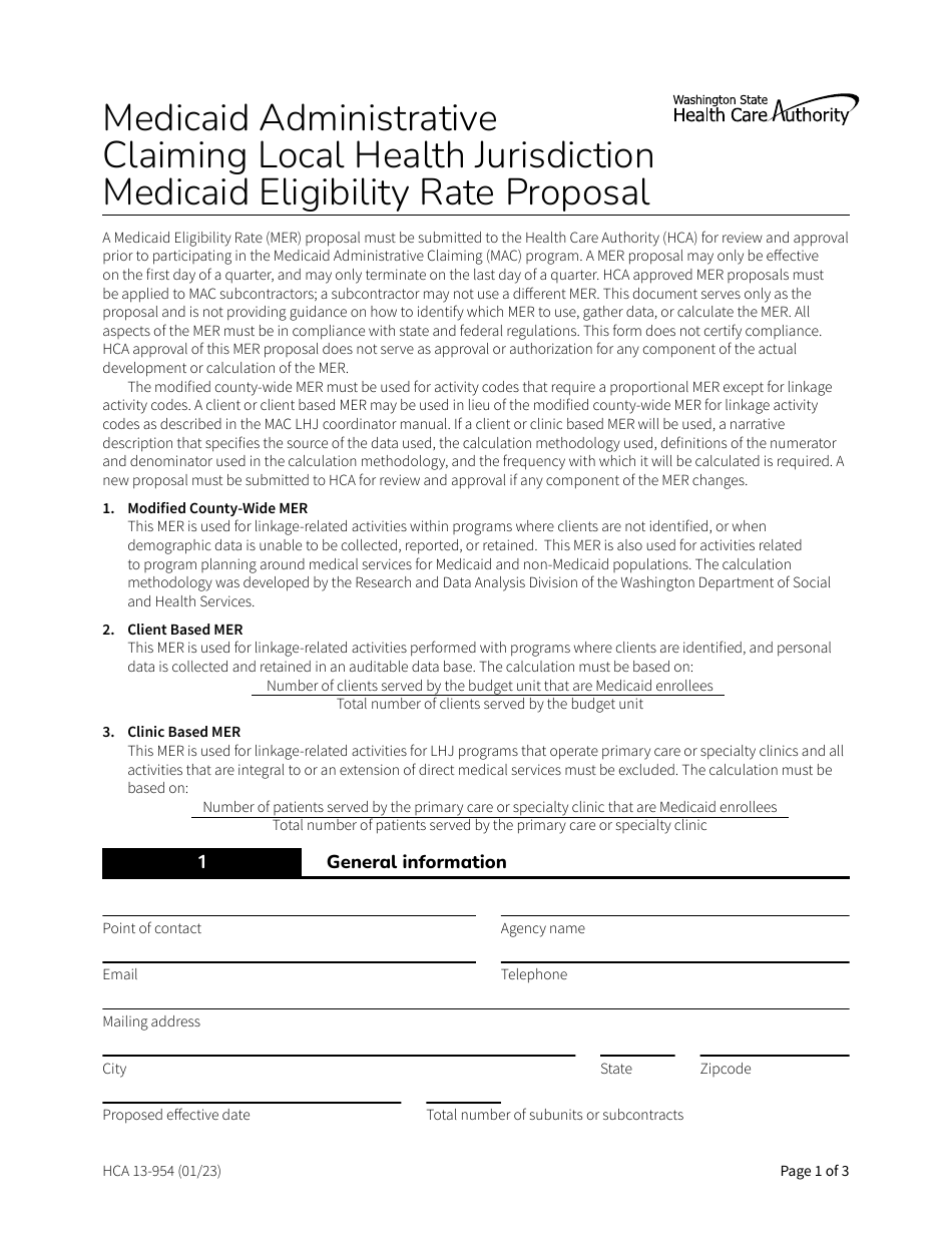 Form HCA13-954 Medicaid Administrative Claiming Local Health Jurisdiction Medicaid Eligibility Rate Proposal - Washington, Page 1