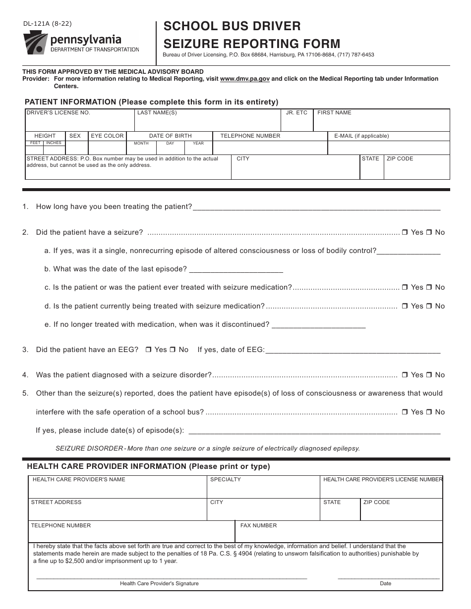 Form DL-121A School Bus Driver Seizure Reporting Form - Pennsylvania, Page 1