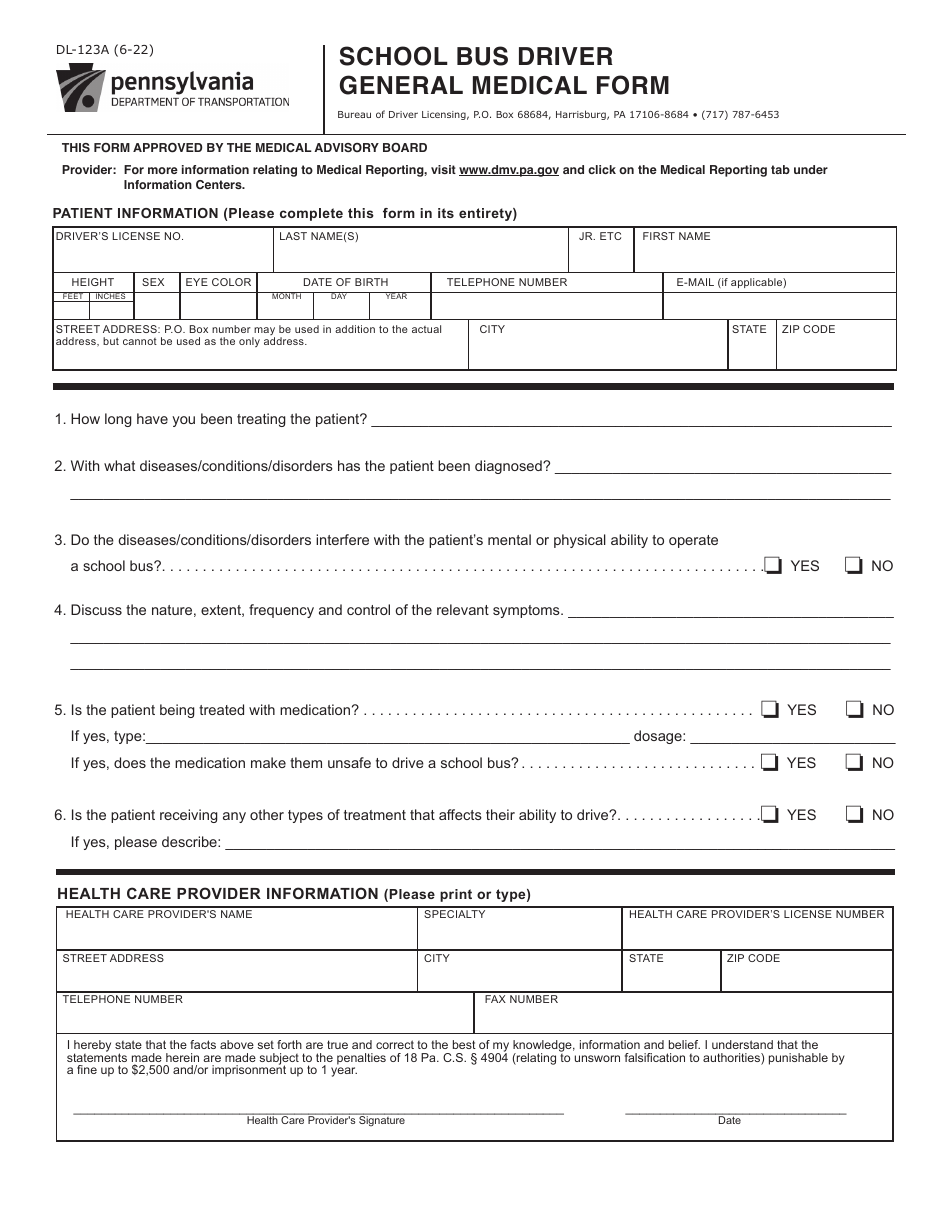 Form DL-123A School Bus Driver General Medical Form - Pennsylvania, Page 1