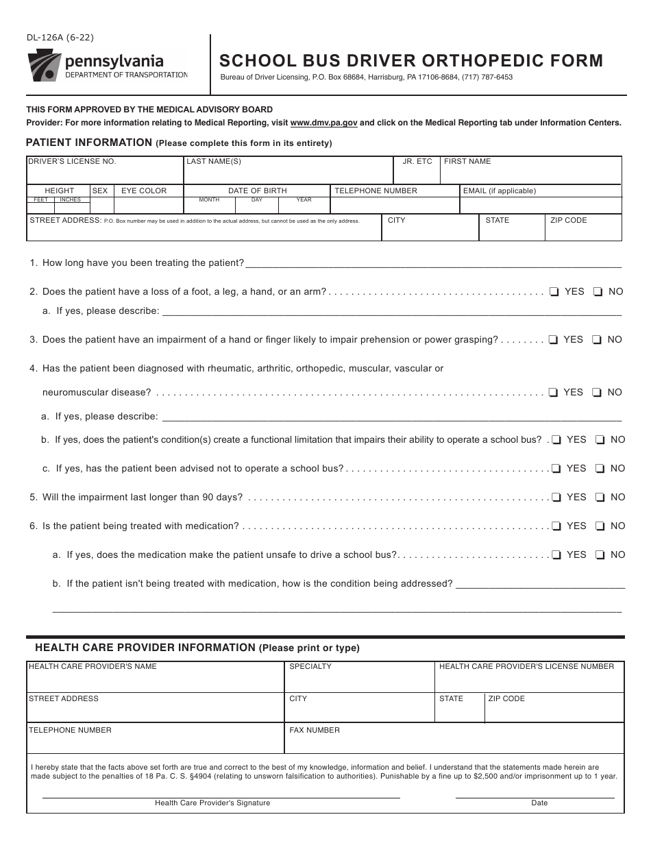 Form DL-126A School Bus Driver Orthopedic Form - Pennsylvania, Page 1