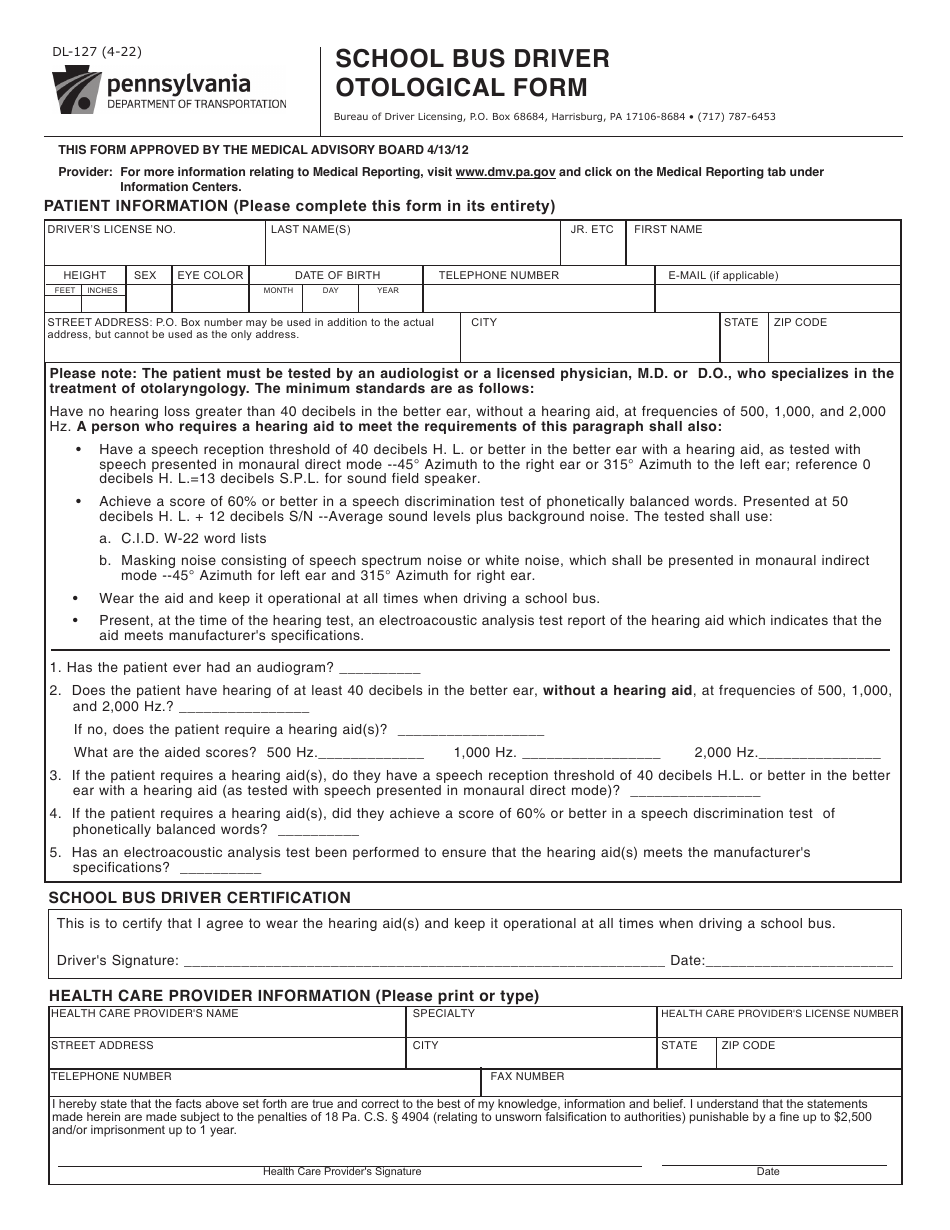 Form DL-127 School Bus Driver Otological Form - Pennsylvania, Page 1