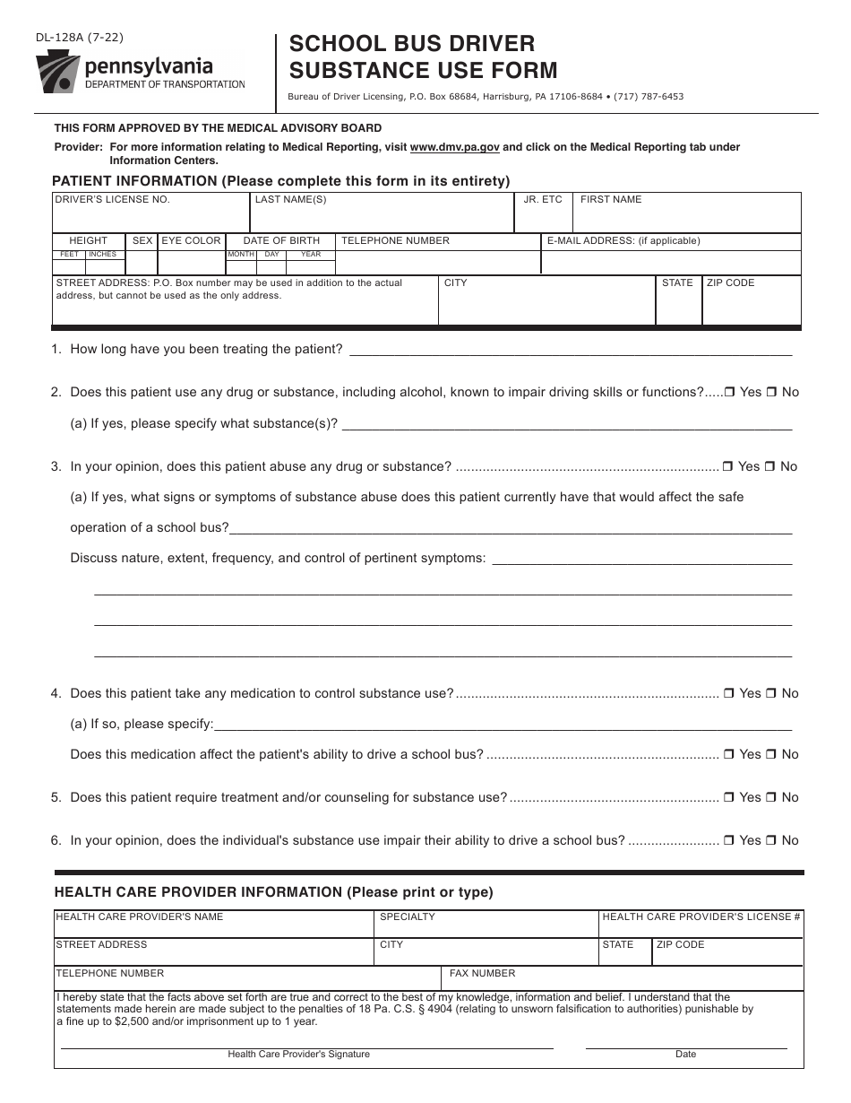 Form DL-128A School Bus Driver Substance Use Form - Pennsylvania, Page 1