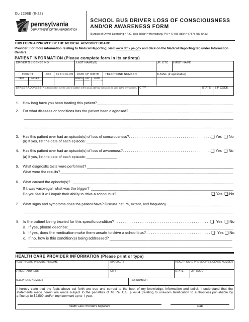 Form DL-129SB School Bus Driver Loss of Consciousness and/or Awareness Form - Pennsylvania
