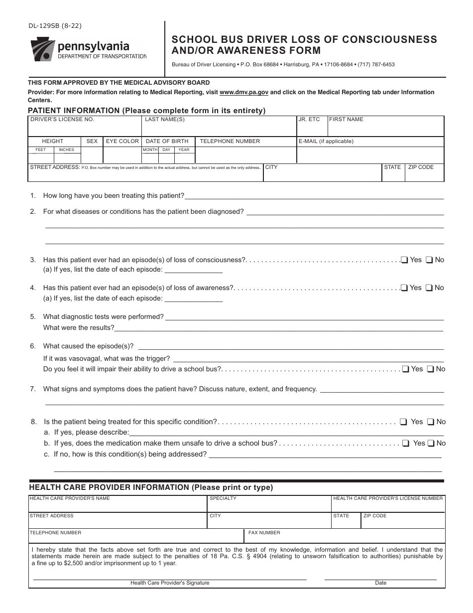 Form DL-129SB School Bus Driver Loss of Consciousness and / or Awareness Form - Pennsylvania, Page 1