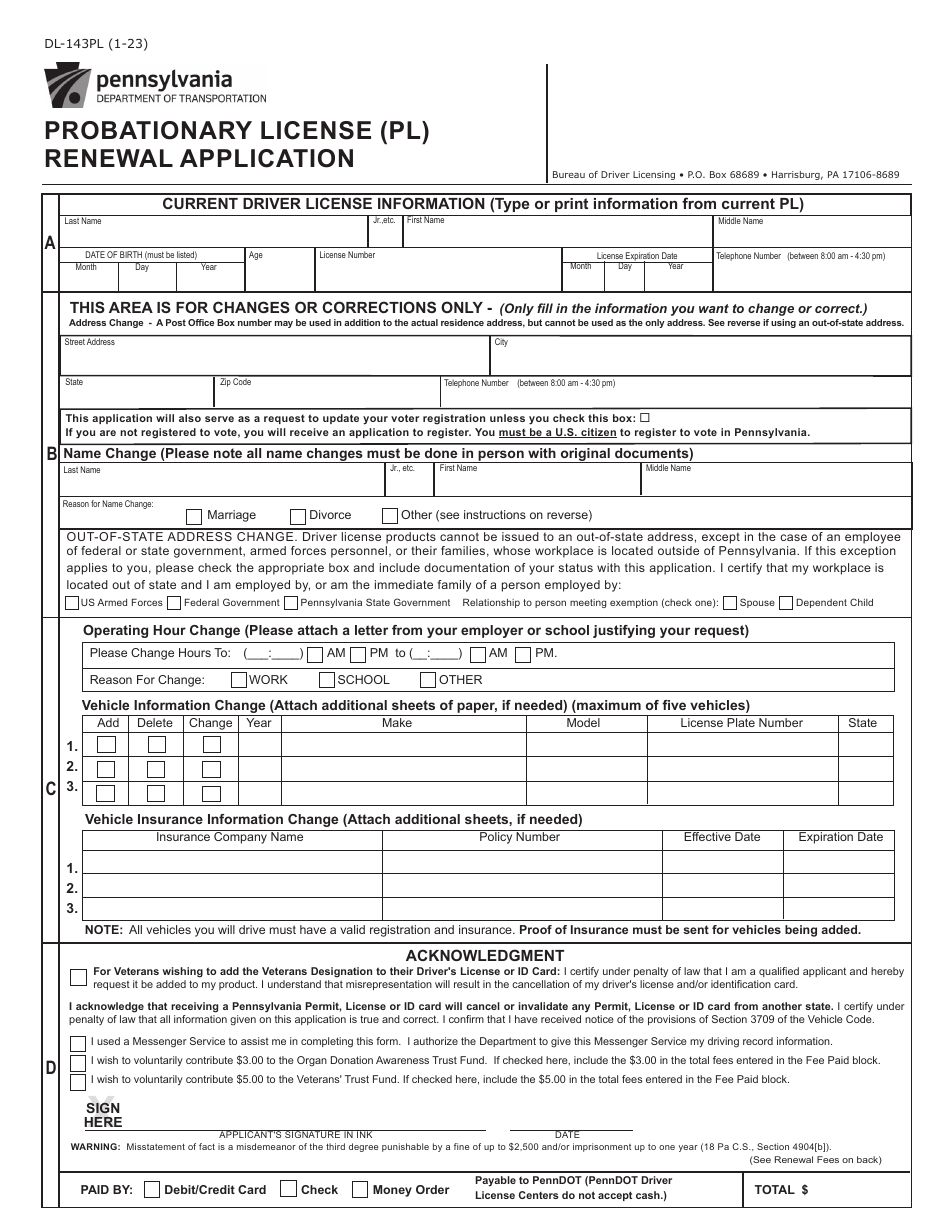 Form DL-143PL Probationary License (Pl) Renewal Application - Pennsylvania, Page 1