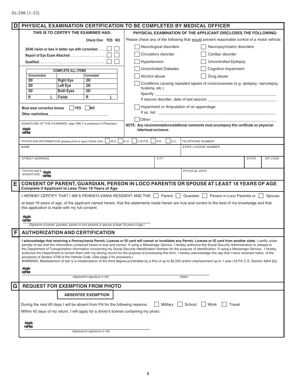 Form DL-298 Service Person Request for Non-commercial Pennsylvania Drivers License - Pennsylvania, Page 2