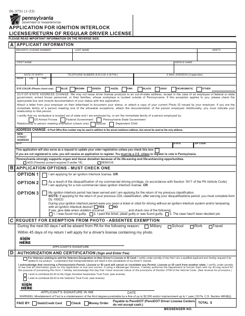 Form DL-3731 Application for Ignition Interlock License/Return of Regular Driver License - Pennsylvania