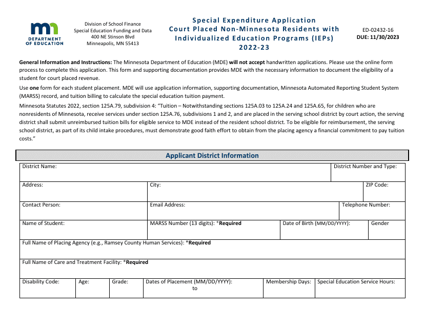 Form ED-02432-16 Special Expenditure Application - Court Placed Non-minnesota Residents With Individualized Education Programs (Ieps ) - Minnesota, 2023