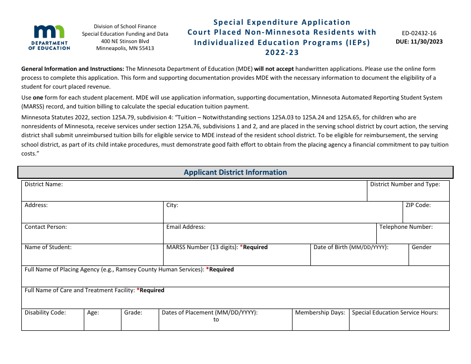 Form ED-02432-16 Special Expenditure Application - Court Placed Non-minnesota Residents With Individualized Education Programs (Ieps ) - Minnesota, Page 1