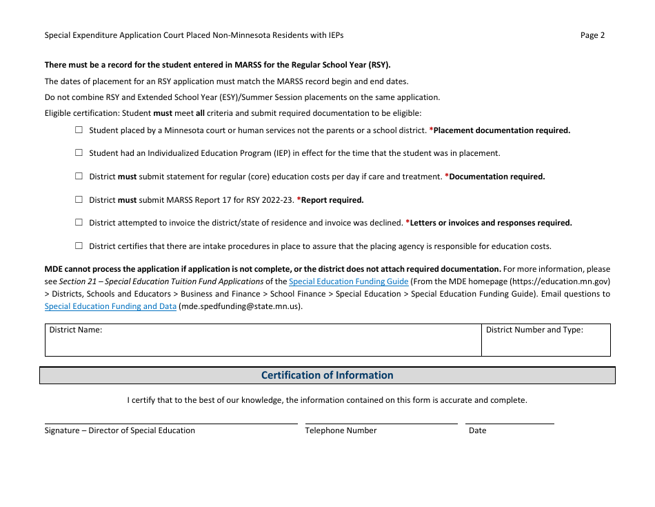 Form ED-02432-16 Special Expenditure Application - Court Placed Non-minnesota Residents With Individualized Education Programs (Ieps ) - Minnesota, Page 3